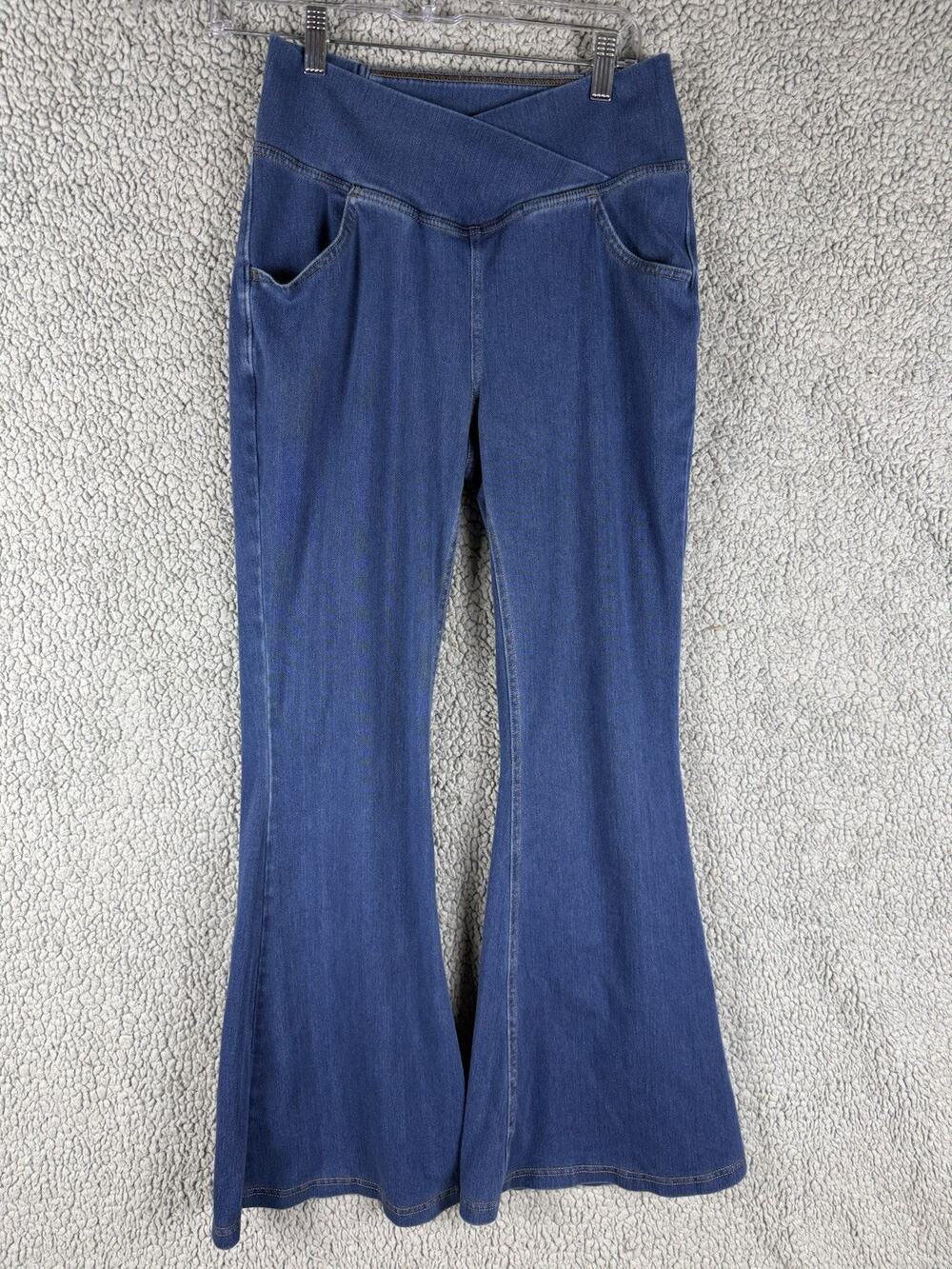 Halara Jeans Womens Medium Blue Flex High Waisted Crossover Flare Denim Pants